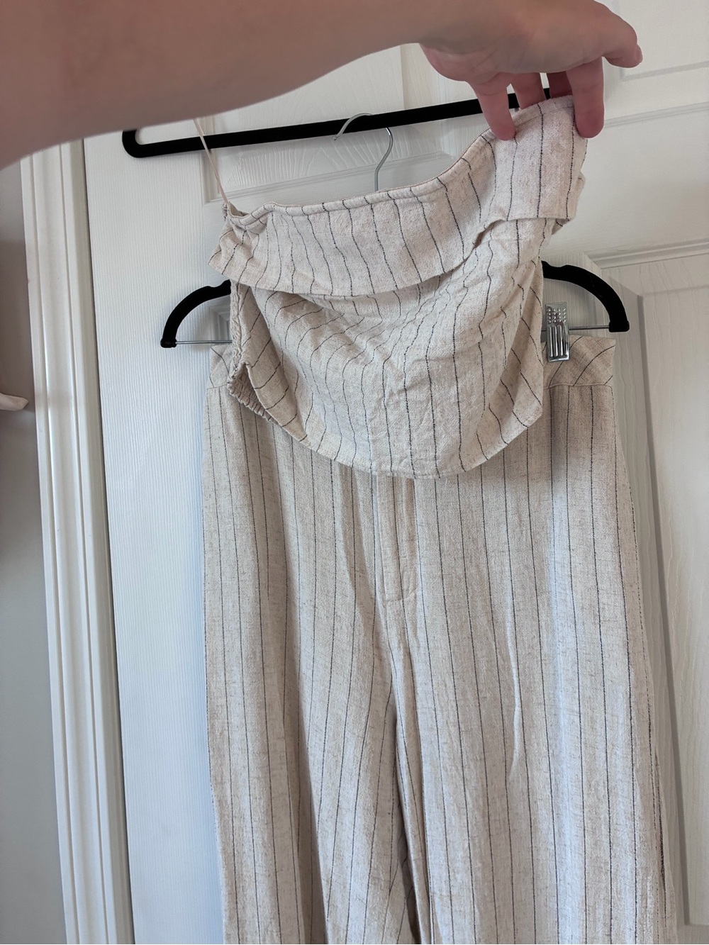 Paper Crown Cream Pinstripe Wide-Leg Strapless Jumpsuit